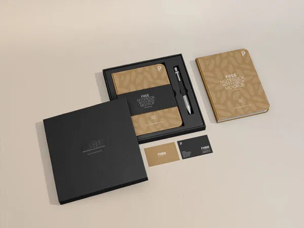 Perspective View of Notebooks Box and Business Cards Mockup 1