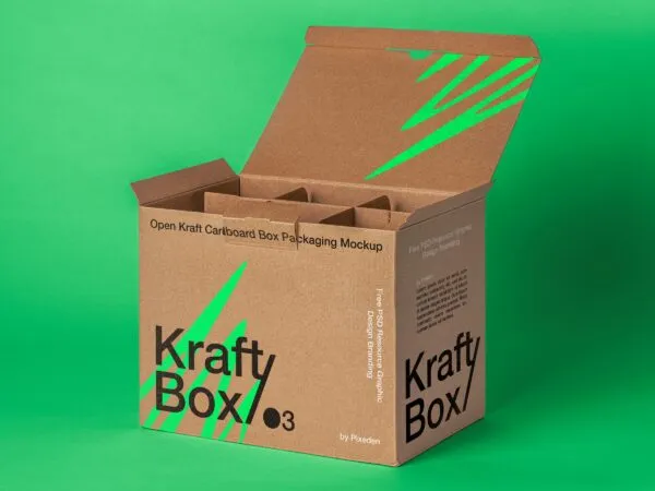 Perspective View of Open Kraft Cardboard Box Mockup 1