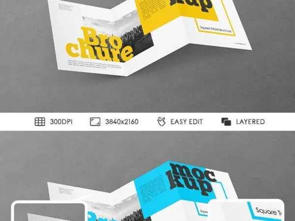 Perspective View of Opened Square Trifold Brochure Mockup 1