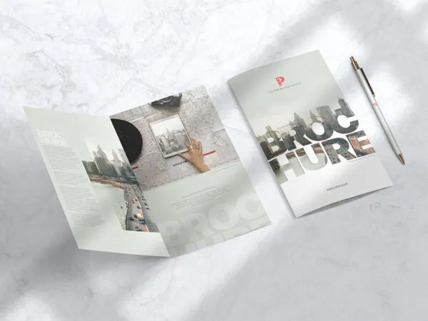 Perspective View of Opened and Closed Bi fold Brochures Mockup 1