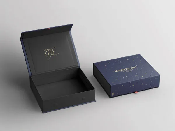 Perspective View of Opened and Closed Magnetic Gift Boxes Mockup 1