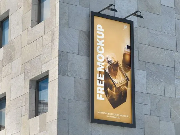 Perspective View of Outdoor Vertical Billboard Mockup on Building 1