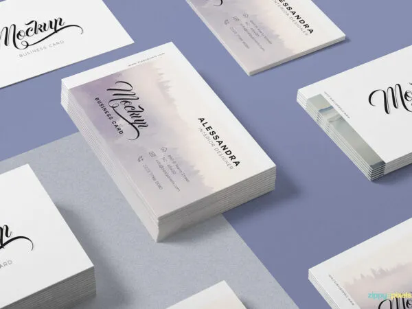 Perspective View of Packs of Isometric Business Cards Mockup 1