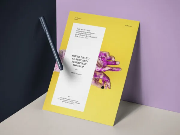 Perspective View of Paper Against Wall and Floating Pen Mockup 1