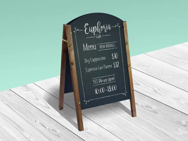 Perspective View of Restaurant Menu on A Frame Chalkboard Mockup 1