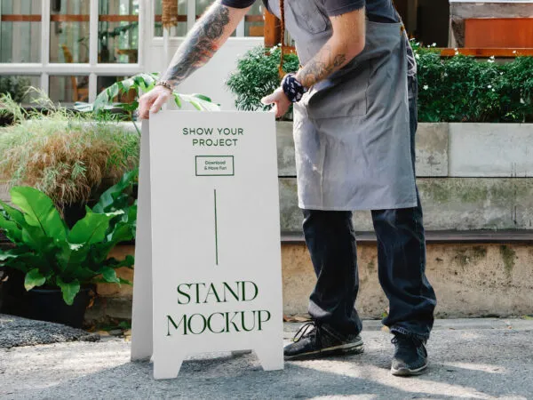 Perspective View of Restaurant Stand Mockup with People 1