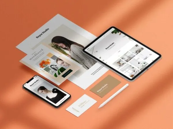 Perspective View of Seven Stationery Branding Objects Mockup 1