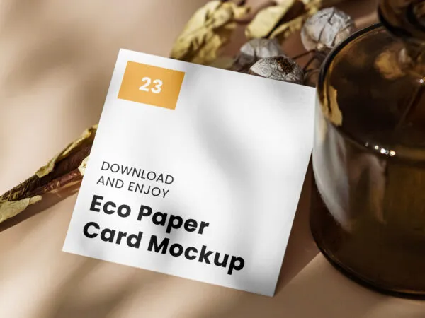 Perspective View of Square Card Mockup with Glass Vase 1