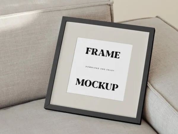 Perspective View of Square Frame Mockup on Couch 1