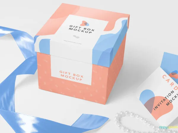 Perspective View of Square Gift Box and Two Greeting Cards Mockup 1