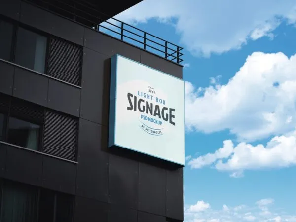 Perspective View of Square Sign Mockup on the Building Wall 1
