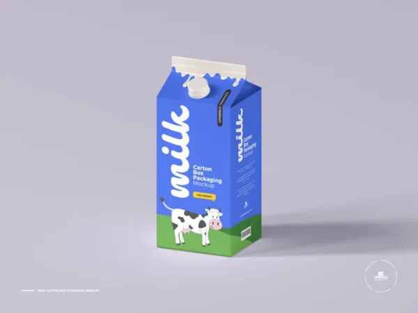 Perspective View of Standing Milk Carton Box Packaging Mockup 1