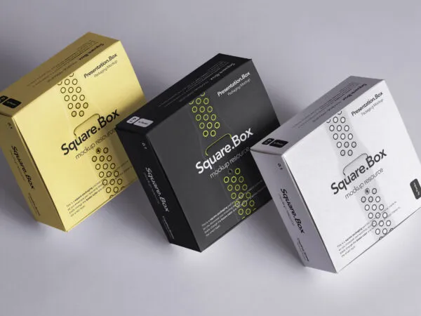 Perspective View of Three Square Boxes Mockup 1 1