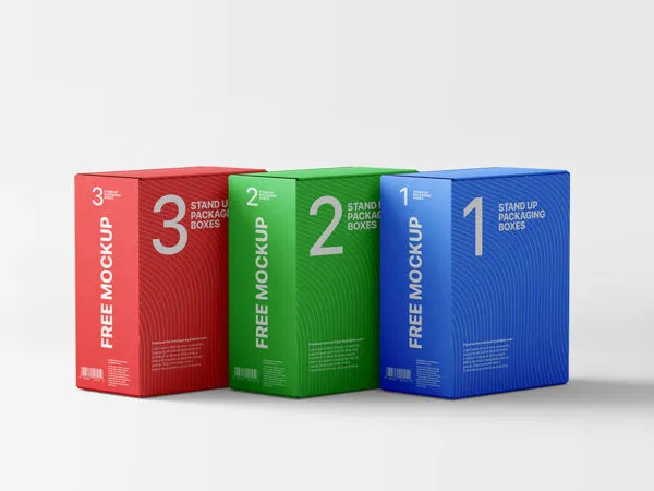 Perspective View of Three Standing Packaging Boxes Mockup 1