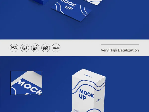 Perspective View of Two Business Cards and Box Mockups 1