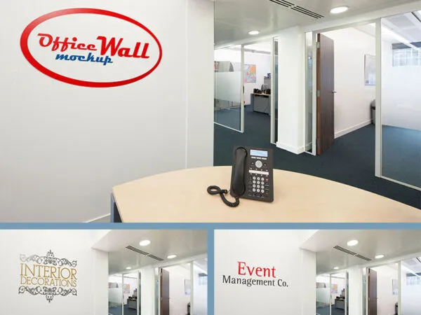 Perspective View of Two Indoor and Outdoor Office Wall Sign Mockup 1