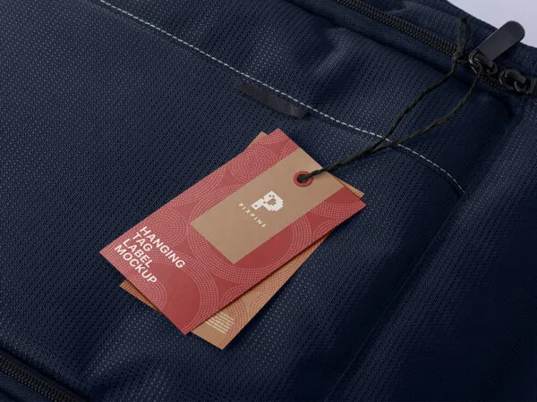Perspective View of Two Tags Hanging Off a Bag Mockup 1