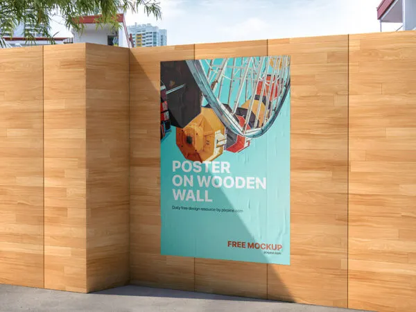 Perspective View of Vertical Poster Mockup on Wooden Wall 1