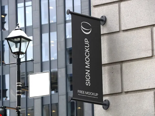 Perspective View of Vertical Shop Sign Mockup 1