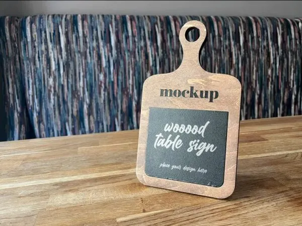 Perspective View of Wood Table Sign Mockup 1