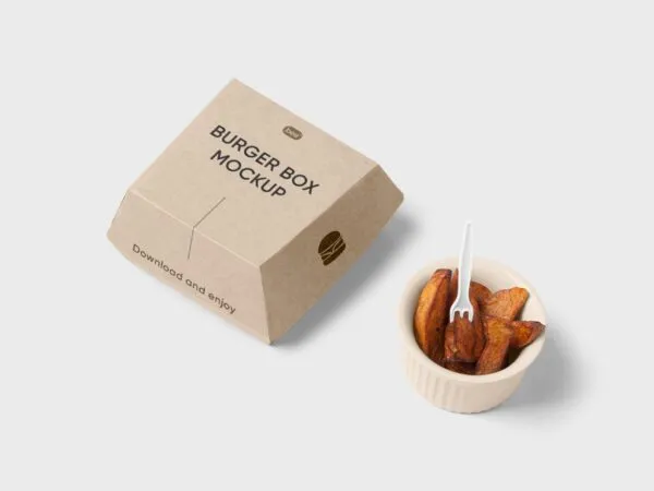Perspective View of a Burger with Fries Packaging Box Mockup 1