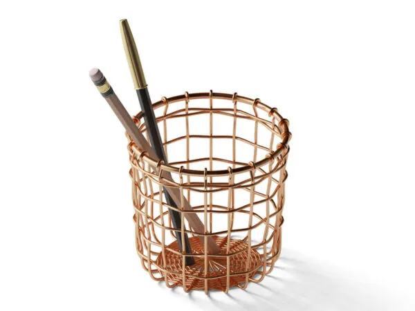 Perspective View of a Metallic Pencil Basket Mockup 1