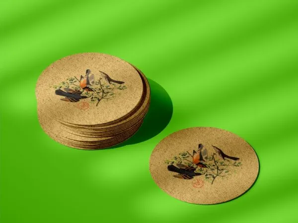 Perspective View of a Stack of Round Tea Coasters Mockup 1
