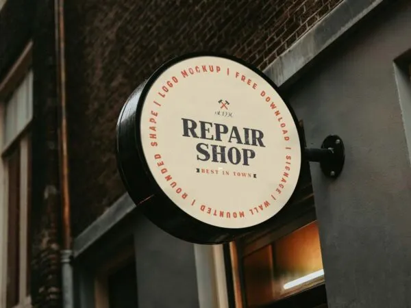 Perspective View of a Vintage Round Shop Signage Mockup 1