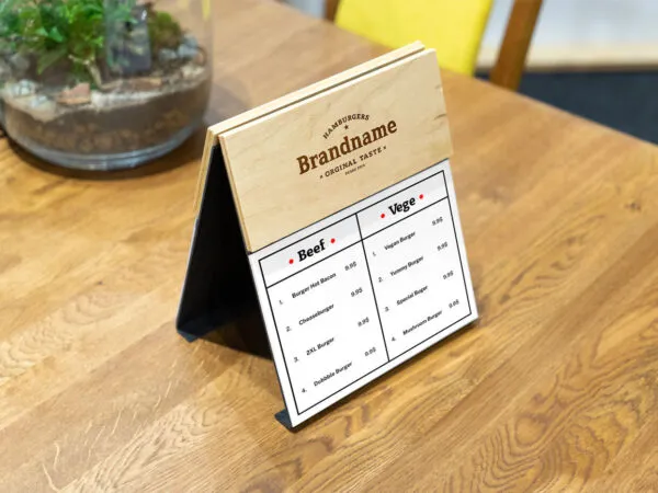 Perspective View of a Wooden Menu Mockup on Table 1