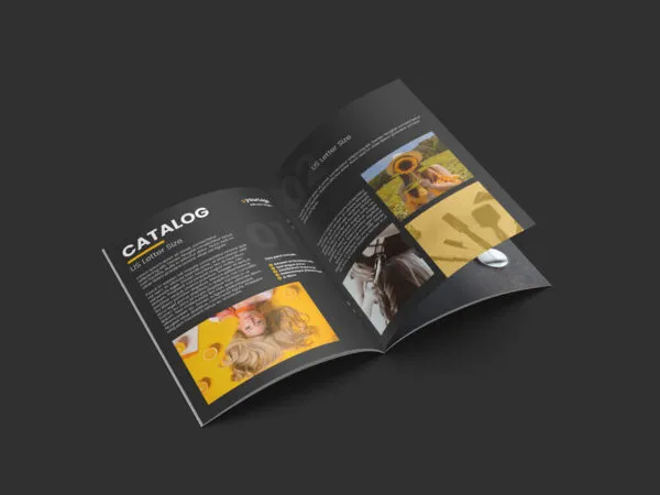 Perspective View of an Open Catalog Mockup with a Page Being Swiped 1