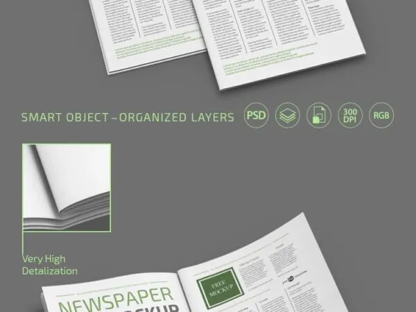 Perspective View of an Open and Two Close Newspapers Mockups 1