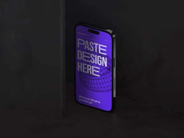 Perspective View of iPhone 14 Pro Mockup on Stone Panel 1