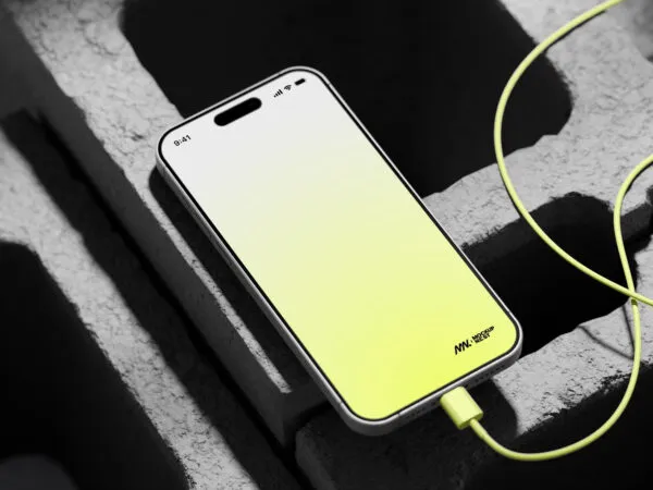 Perspective View of iPhone 15 Pro Mockup on Bricks 1