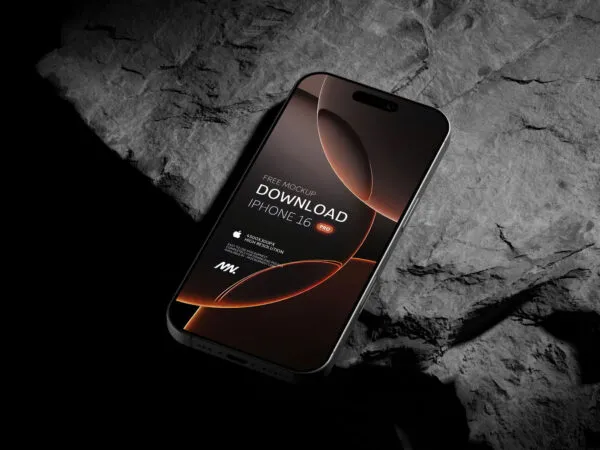 Perspective Vision of Black Titanium iPhone 16 Pro Mockup on Rock 1