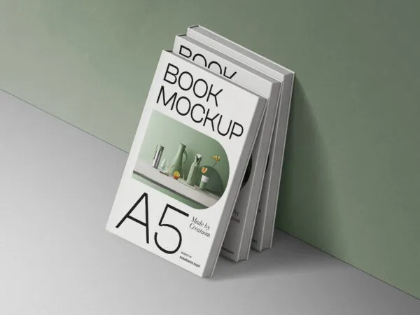 Perspective Vision of Hard Cover Books Mockup By Wall 1