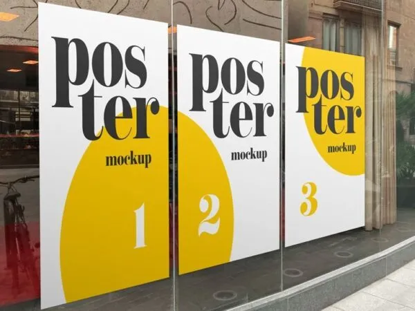 Perspective Vision of Rectangular Posters Mockup on Window 1