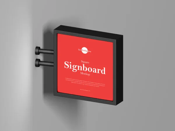 Perspective view of Square Signboard Mounted on Wall Mockup 1