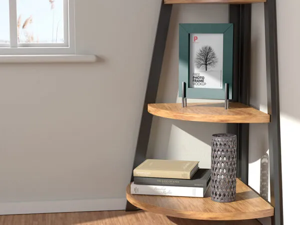 Photo Frame on Wooden Corner Stand Mockup with Window 1