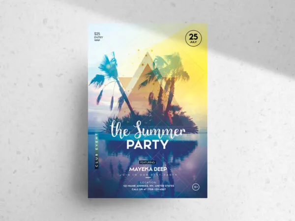 Photorealistic Summer Tropical Party Flyer Template with Purple Blue Yellow Color Scheme 1