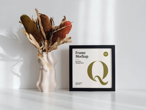 Picture Frame Mockup with Flower on Desk 1