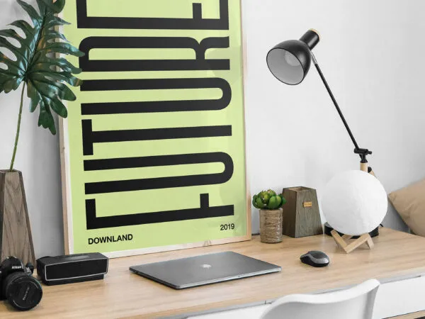 Picture Frame on Desk Mockup with Lamp and Laptop 1