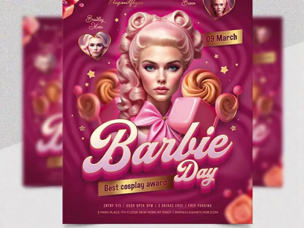 Pink Barbie Day Party Flyer Template 1