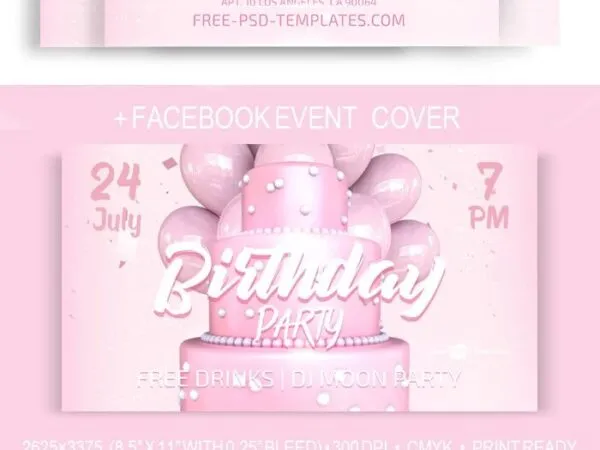 Pink Birthday Party Flyer and Facebook Cover Templates 1