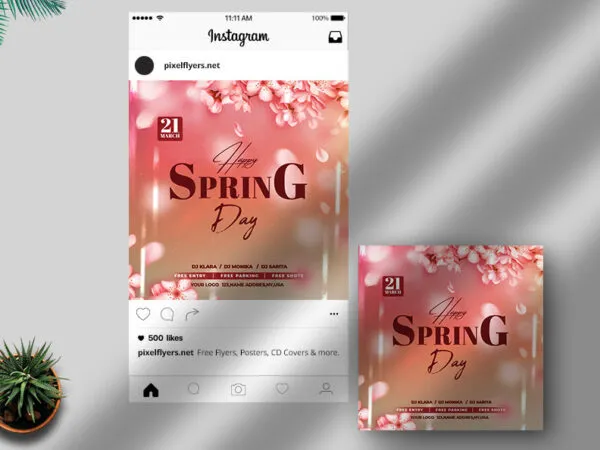 Pink Blooming Happy Spring Day Flyer Instagram Banner Template 1