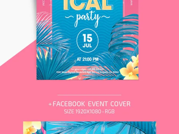 Pink Blue Tropical Party Flyer Template Along with Facebook Cover 1