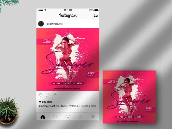Pink Futuristic Summer Party Instagram Post Template 1