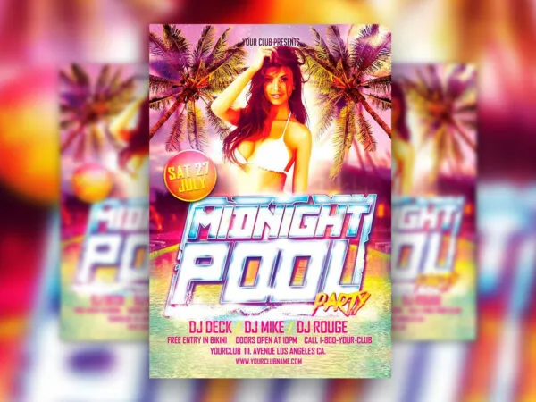 Pink Pool Party Flyer Template Featuring Palm Trees and Pool 1