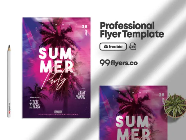 Pink Purple Tropical Night Party Flyer Template 1