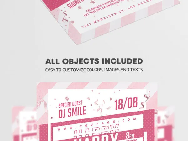 Pink Striped Thematic Birthday Party Flyer Template 1