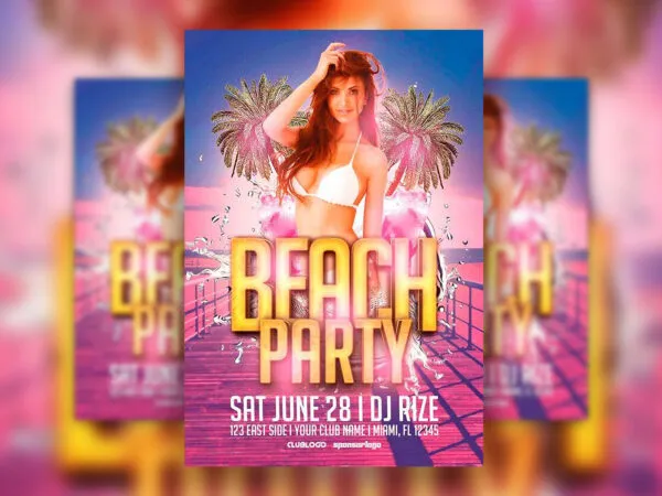 Pink and Blue Twilight Beach Party Flyer Template 1